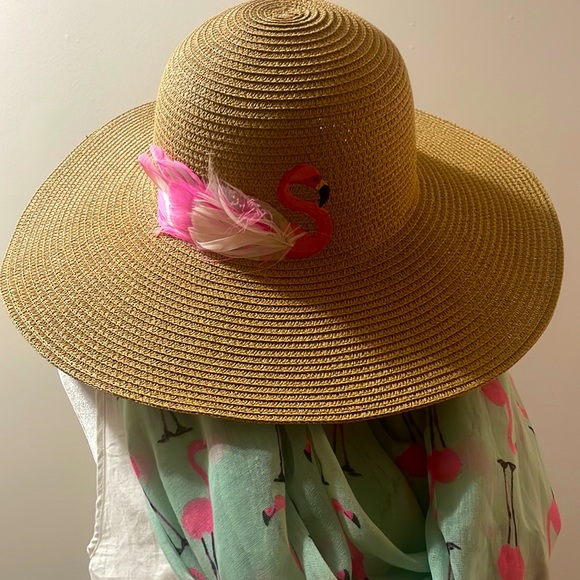 Summer Hat & Scarf Set, Flamingo Themed, Color: light green/hot pink - Picture 2 of 15